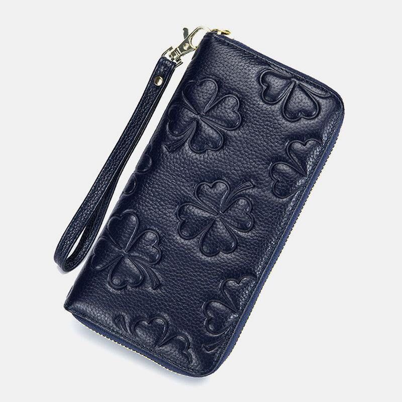 Femmes En Cuir Véritable Motif De Trèfle Rfid Grande Capacité Multi Fente Pour Carte Embrayage Sac À Main Porte-carte Portefeuille