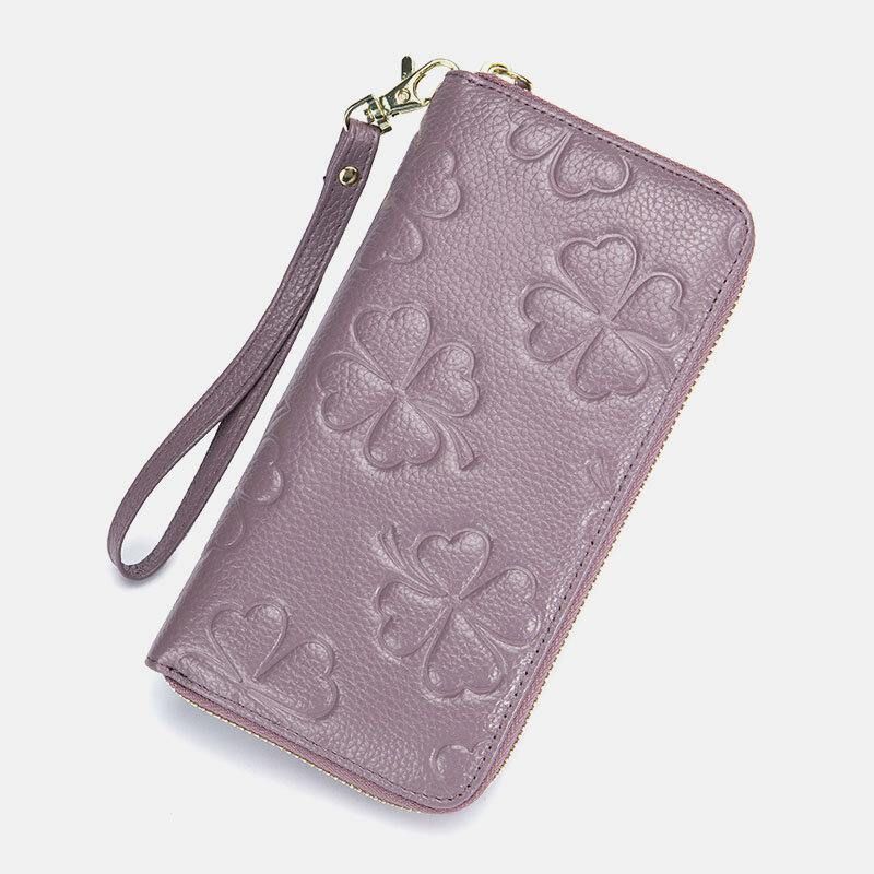 Femmes En Cuir Véritable Motif De Trèfle Rfid Grande Capacité Multi Fente Pour Carte Embrayage Sac À Main Porte-carte Portefeuille