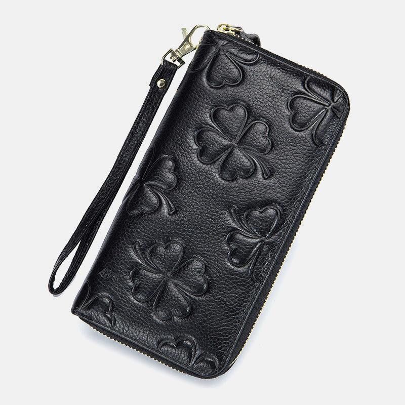 Femmes En Cuir Véritable Motif De Trèfle Rfid Grande Capacité Multi Fente Pour Carte Embrayage Sac À Main Porte-carte Portefeuille