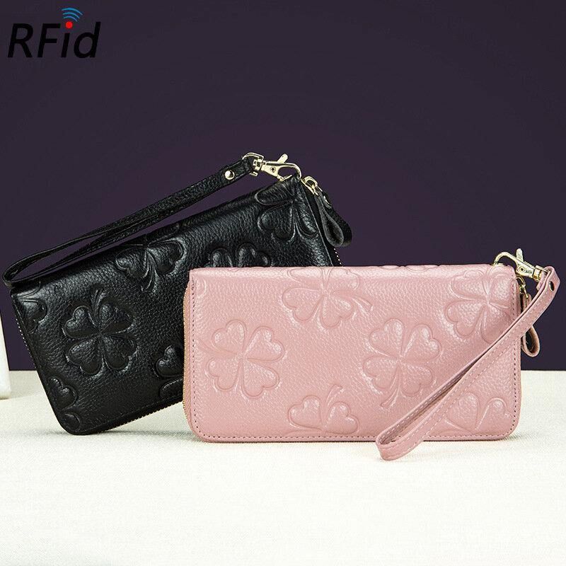 Femmes En Cuir Véritable Motif De Trèfle Rfid Grande Capacité Multi Fente Pour Carte Embrayage Sac À Main Porte-carte Portefeuille