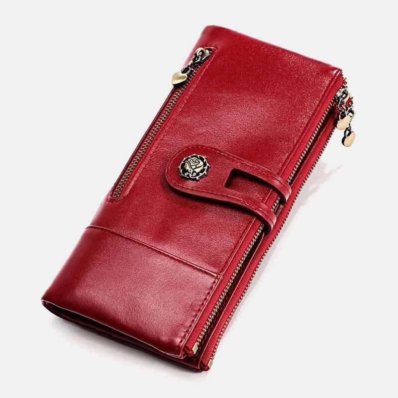 Femmes En Cuir Véritable Rfid Antimagnétique Multi-slots 14 Fentes Pour Cartes Zipper Bifold Long Wallet