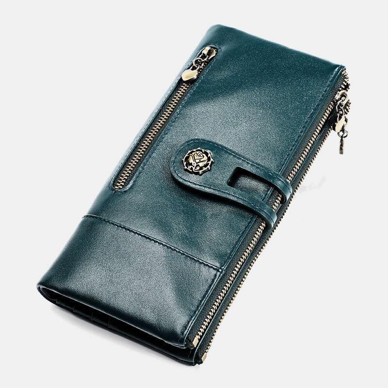 Femmes En Cuir Véritable Rfid Antimagnétique Multi-slots 14 Fentes Pour Cartes Zipper Bifold Long Wallet