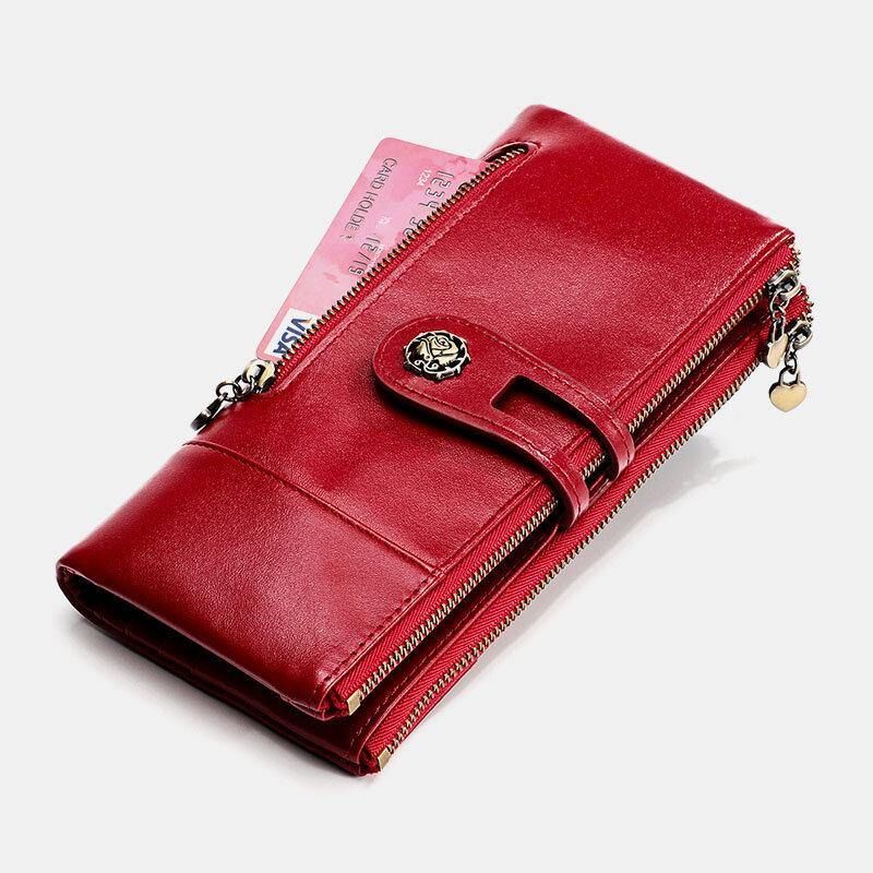 Femmes En Cuir Véritable Rfid Antimagnétique Multi-slots 14 Fentes Pour Cartes Zipper Bifold Long Wallet