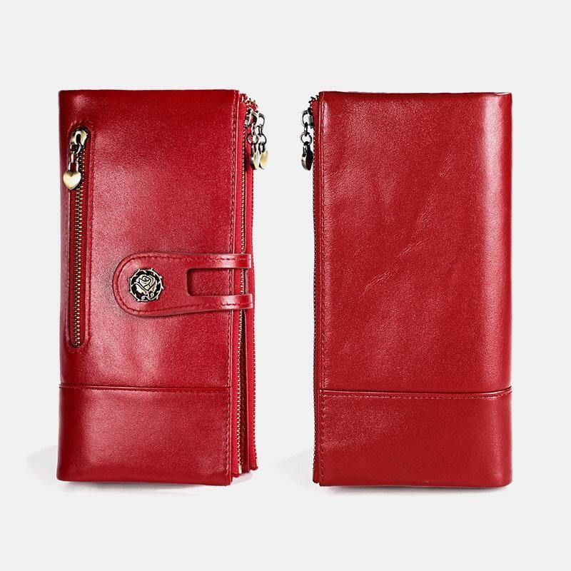 Femmes En Cuir Véritable Rfid Antimagnétique Multi-slots 14 Fentes Pour Cartes Zipper Bifold Long Wallet