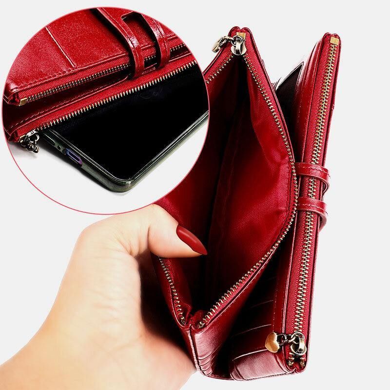 Femmes En Cuir Véritable Rfid Antimagnétique Multi-slots 14 Fentes Pour Cartes Zipper Bifold Long Wallet