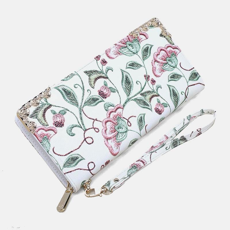 Femmes Pu Cuir Motif De Broderie Florale Pochette Sac À Main Grande Capacité Porte-carte Portefeuille