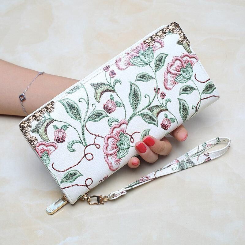 Femmes Pu Cuir Motif De Broderie Florale Pochette Sac À Main Grande Capacité Porte-carte Portefeuille