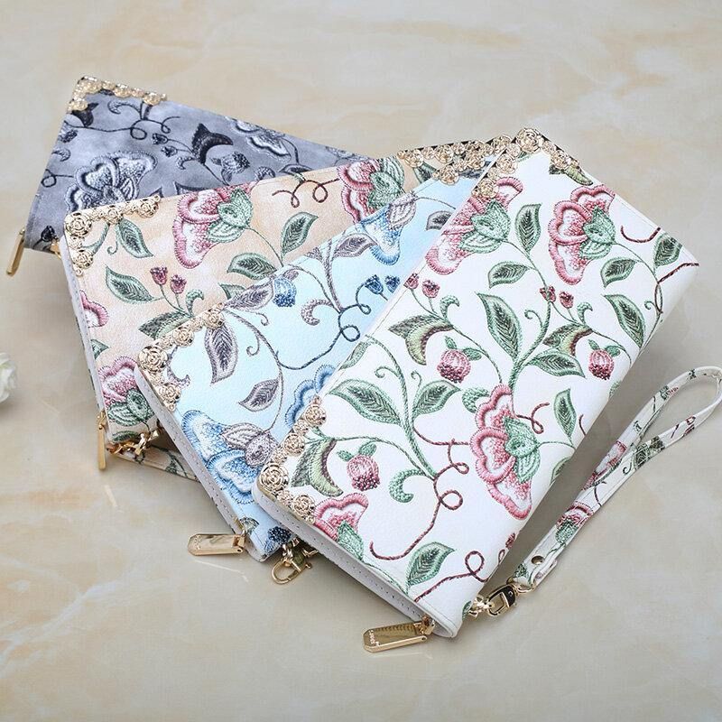 Femmes Pu Cuir Motif De Broderie Florale Pochette Sac À Main Grande Capacité Porte-carte Portefeuille