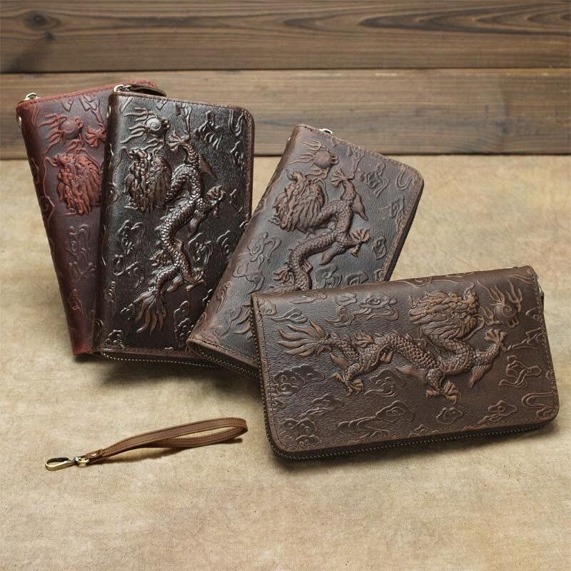 Hommes En Cuir Véritable Peau De Vache Motif Dragon Rétro Multi-fente Longue Pochette Sac À Main Porte-carte Portefeuille