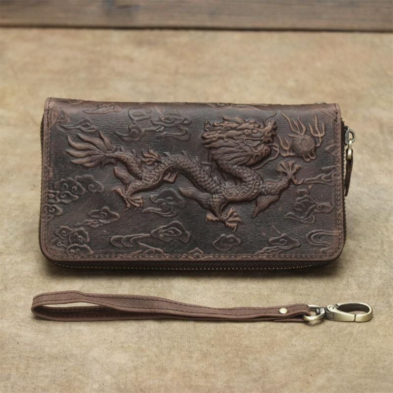 Hommes En Cuir Véritable Peau De Vache Motif Dragon Rétro Multi-fente Longue Pochette Sac À Main Porte-carte Portefeuille