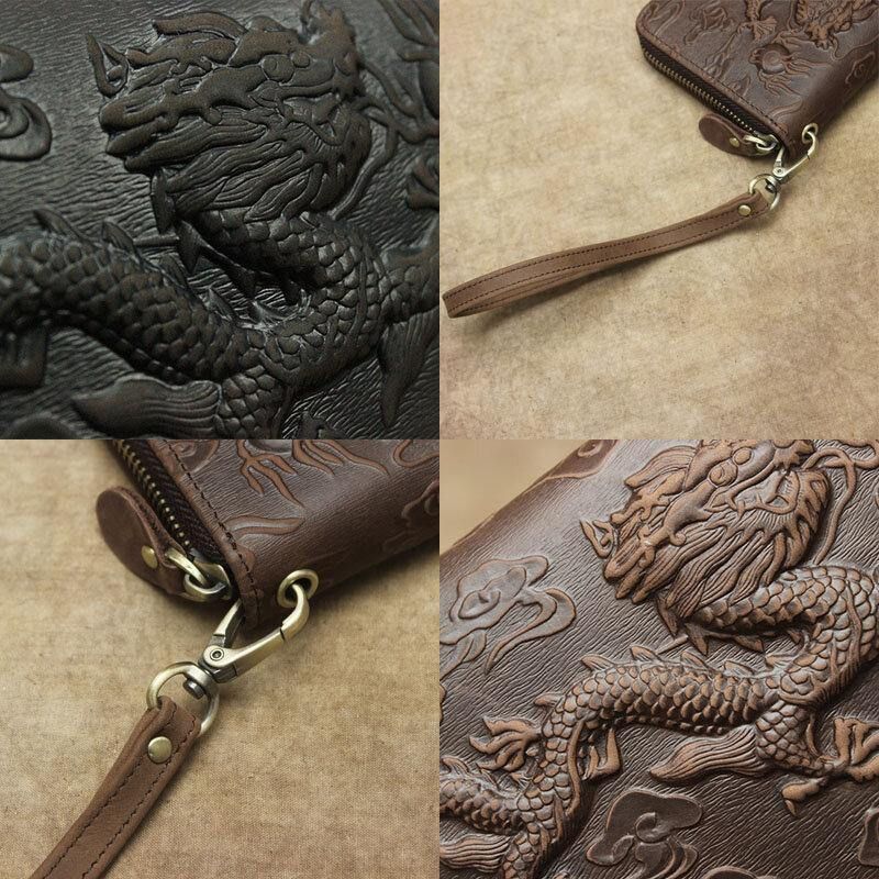 Hommes En Cuir Véritable Peau De Vache Motif Dragon Rétro Multi-fente Longue Pochette Sac À Main Porte-carte Portefeuille