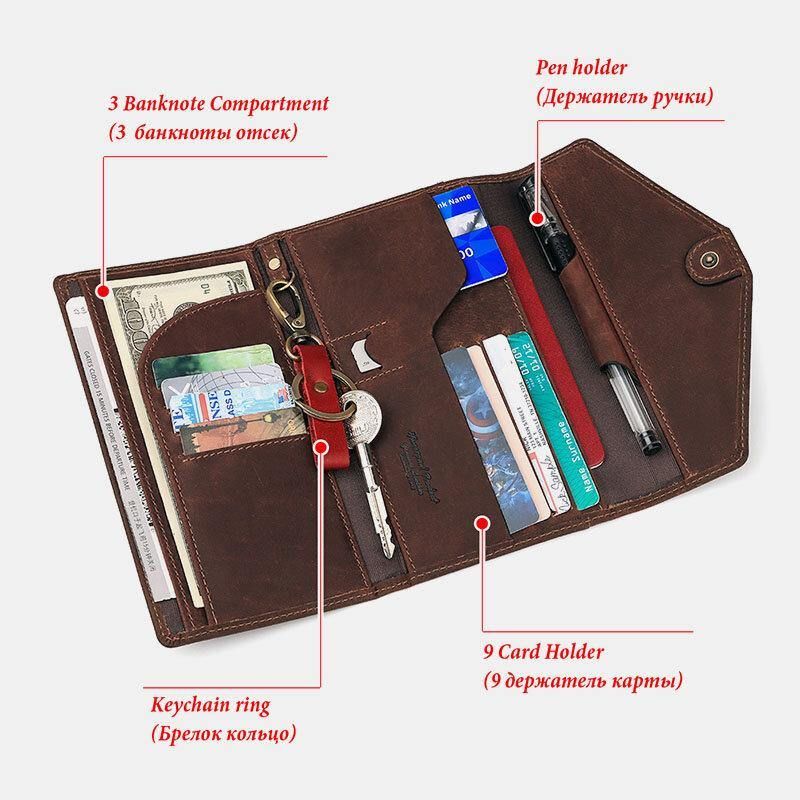 Hommes En Cuir Véritable Rfid Anti-vol Voyage À Main Passeport Sac Multi-emplacements Porte-carte Portefeuille Avec Porte-clés Stylo Fente