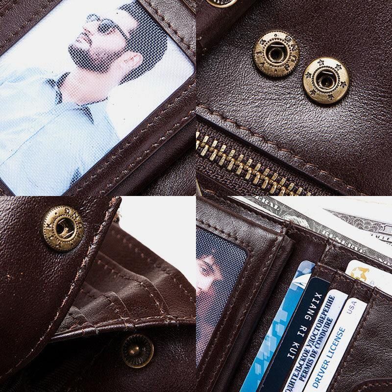 Hommes En Cuir Véritable Cuir De Vachette Rfid Antivol Rétro Fermeture À Glissière Avec Porte-cartes À Chaîne Portefeuille