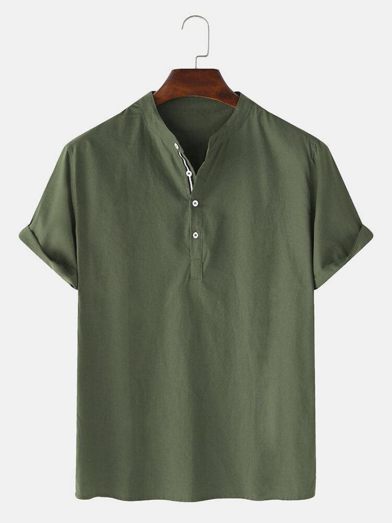 Chemises Henley Décontractées En Coton À Manches Courtes Et Col Montant Pour Hommes