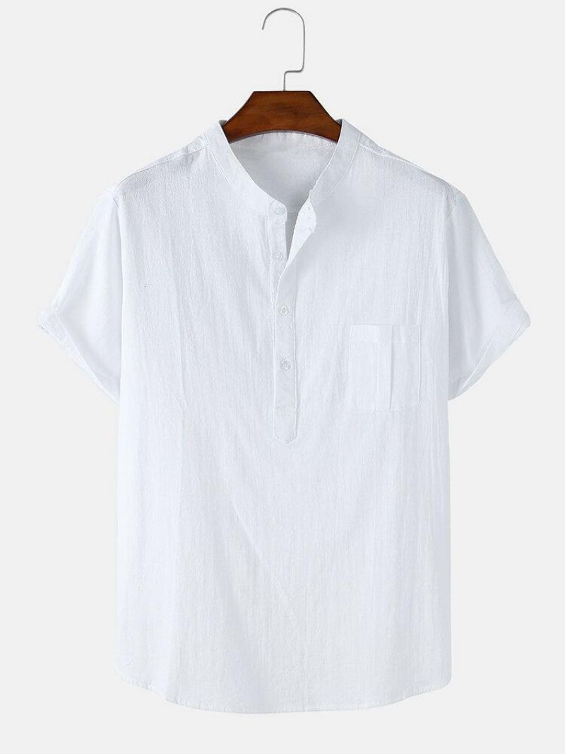 Chemises Henley Décontractées À Manches Courtes En Coton Et Lin De Couleur Unie Pour Hommes Avec Poche