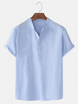 Chemises Henley Décontractées À Manches Courtes Pour Hommes Avec Col Montant De Couleur Unie