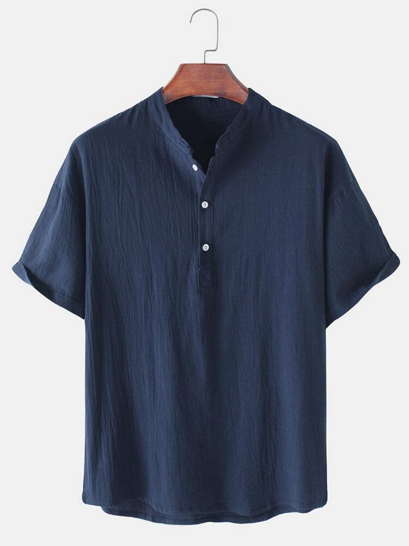 Chemises Henley Simples À Col Montant Et Manches Courtes Pour Hommes