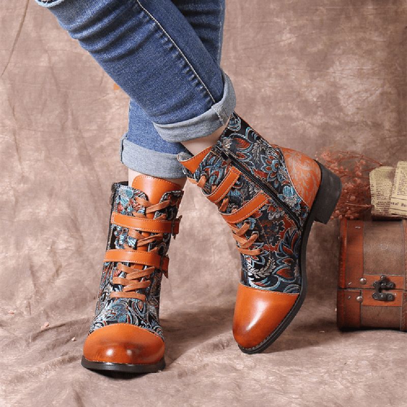 Bottes Courtes À Lacets Chauds Avec Boucle En Métal Et Tissu À Coutures Rétro