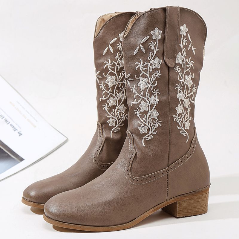 Bottes De Cow-boy À Bout Carré Et À Bout Carré Avec Fleurs Rétro Pour Femme