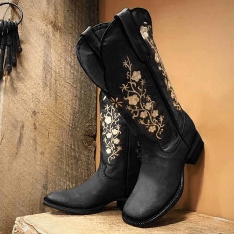 Bottes De Cow-boy À Bout Carré Et À Bout Carré Avec Fleurs Rétro Pour Femme