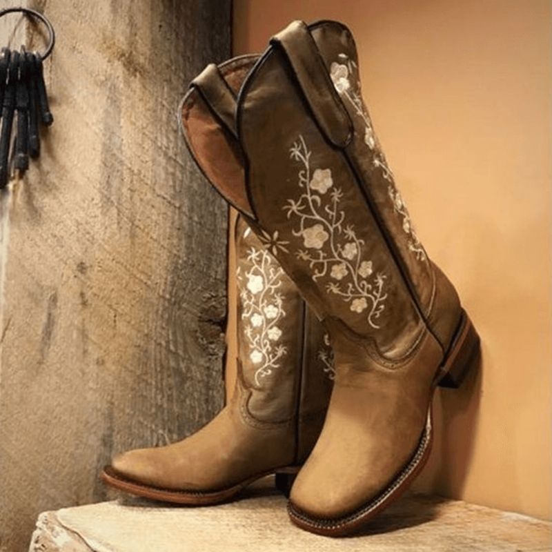 Bottes De Cow-boy À Bout Carré Et À Bout Carré Avec Fleurs Rétro Pour Femme