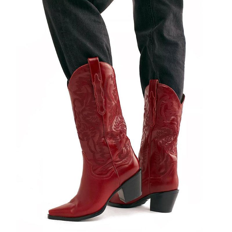 Bottes De Cow-boy Mi-mollet À Talons Épais Et Fleurs Rétro Pour Femmes De Grande Taille