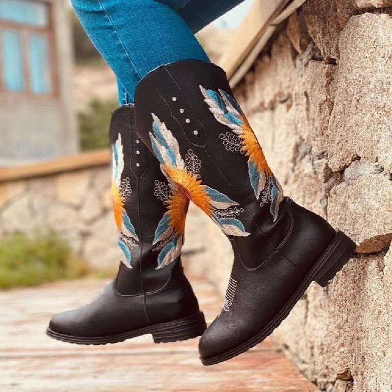 Bottes De Cow-boy À Talon Bloc Doux Et Confortables Brodées De Tournesol Pour Femmes De Grande Taille