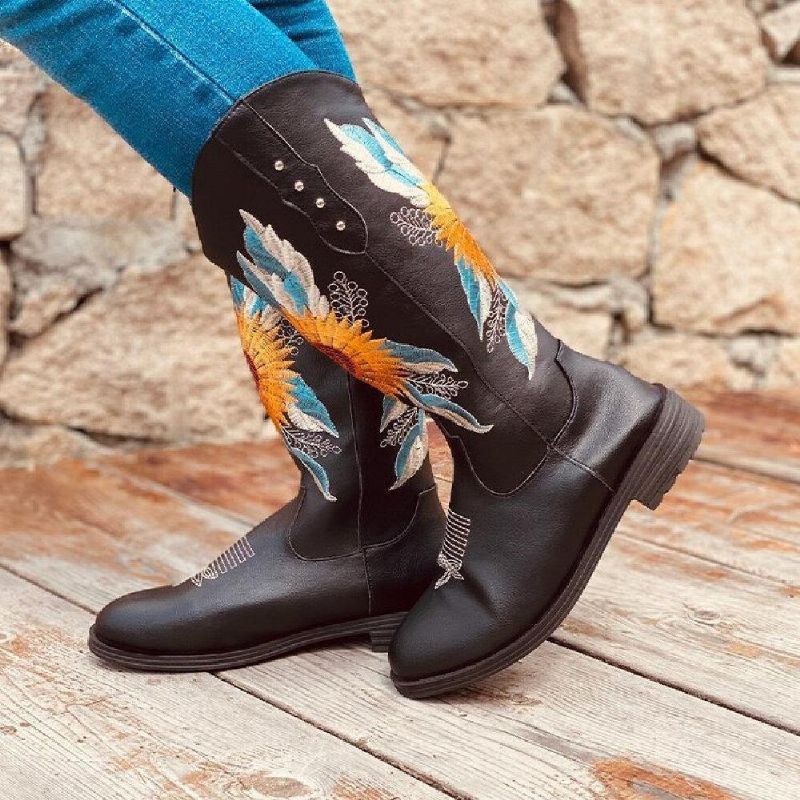 Bottes De Cow-boy À Talon Bloc Doux Et Confortables Brodées De Tournesol Pour Femmes De Grande Taille