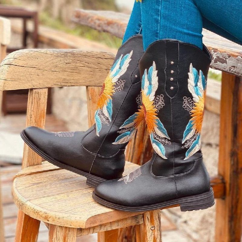 Bottes De Cow-boy À Talon Bloc Doux Et Confortables Brodées De Tournesol Pour Femmes De Grande Taille