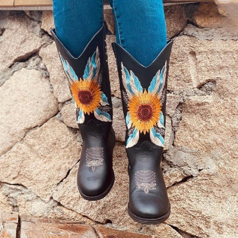 Bottes De Cow-boy À Talon Bloc Doux Et Confortables Brodées De Tournesol Pour Femmes De Grande Taille