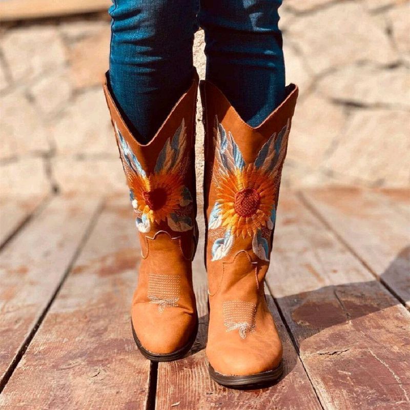 Bottes De Cow-boy À Talon Bloc Doux Et Confortables Brodées De Tournesol Pour Femmes De Grande Taille