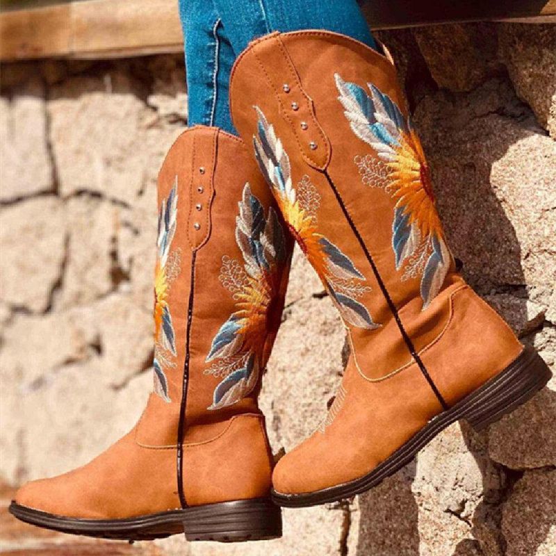 Bottes De Cow-boy À Talon Bloc Doux Et Confortables Brodées De Tournesol Pour Femmes De Grande Taille