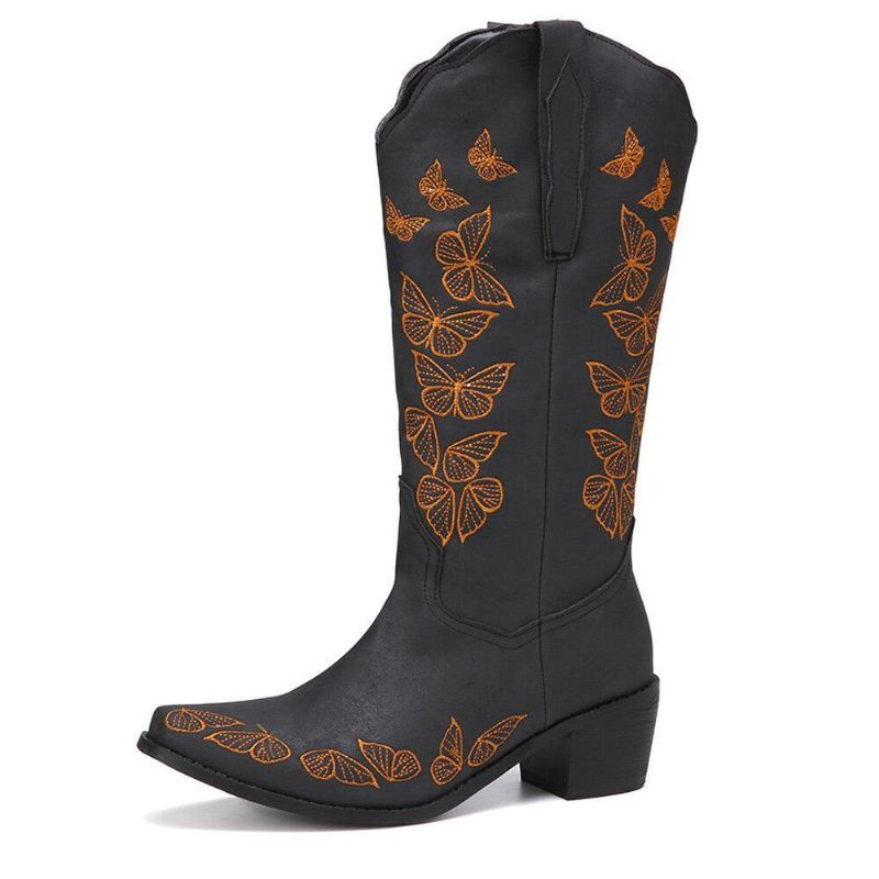 Bottes De Cowboy Mi-mollet Brodées De Papillons Rétro Pour Femmes De Grande Taille