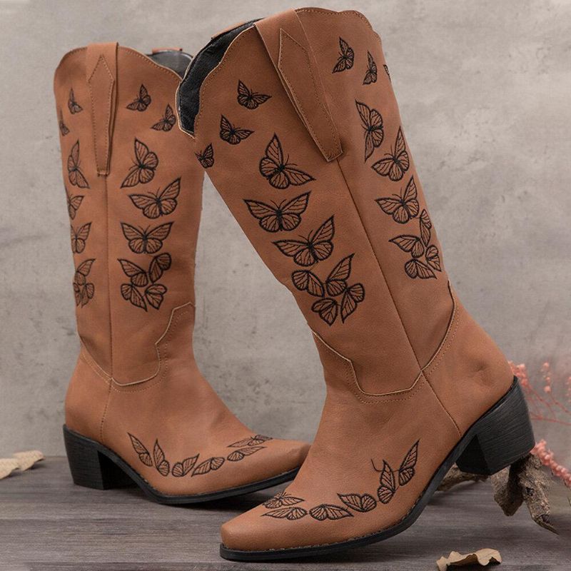 Bottes De Cowboy Mi-mollet Brodées De Papillons Rétro Pour Femmes De Grande Taille