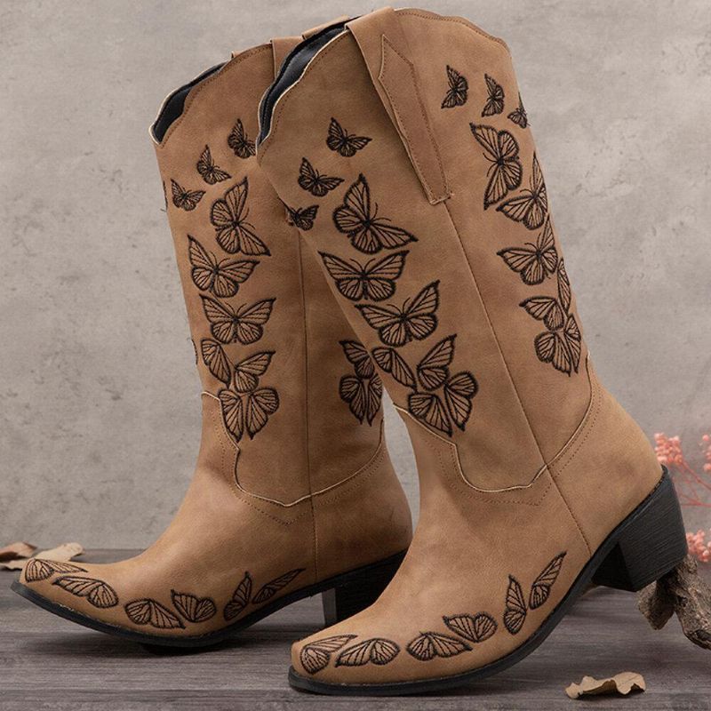 Bottes De Cowboy Mi-mollet Brodées De Papillons Rétro Pour Femmes De Grande Taille