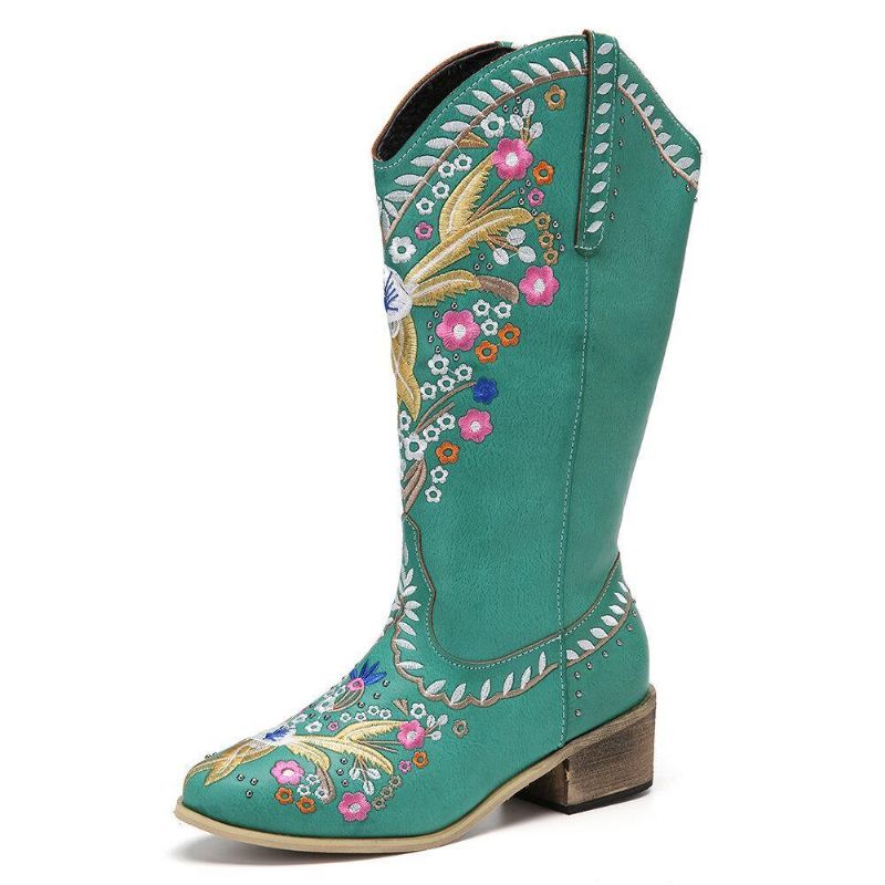 Bottes De Cowboy À Mi-mollet En Cuir Pour Femmes Avec Impression Florale Rétro