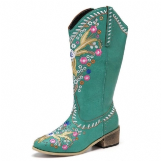 Bottes De Cowboy À Mi-mollet En Cuir Pour Femmes Avec Impression Florale Rétro