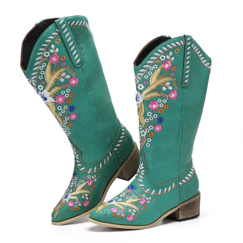 Bottes De Cowboy À Mi-mollet En Cuir Pour Femmes Avec Impression Florale Rétro