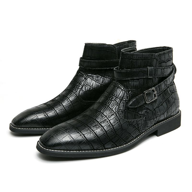 Bottines À Boucle En Métal En Cuir Gaufré Confortables À La Mode Pour Hommes