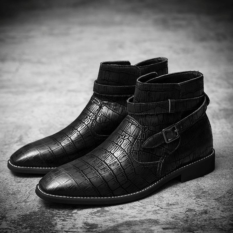 Bottines À Boucle En Métal En Cuir Gaufré Confortables À La Mode Pour Hommes