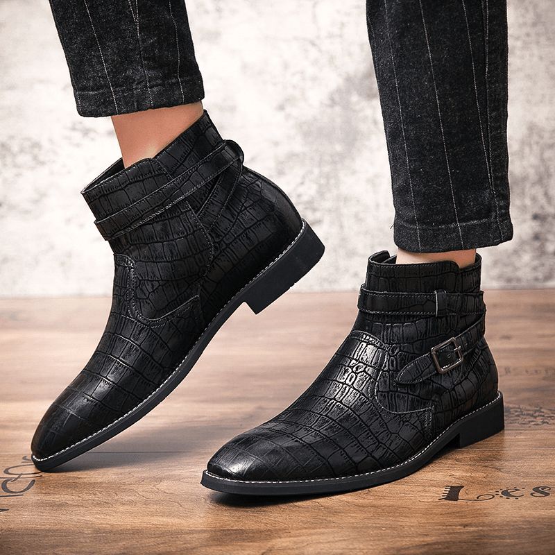 Bottines À Boucle En Métal En Cuir Gaufré Confortables À La Mode Pour Hommes