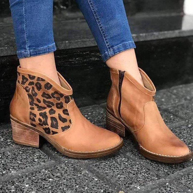 Bottines De Cow-boy À Talon Épais Avec Fermeture Éclair Latérale Léopard Décontractées Pour Femme