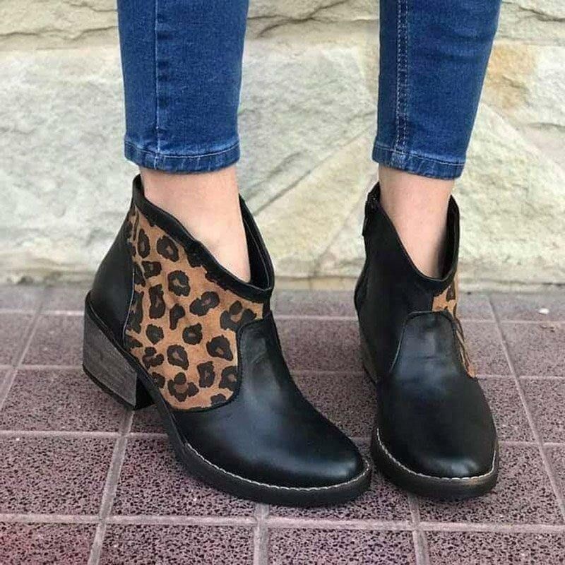 Bottines De Cow-boy À Talon Épais Avec Fermeture Éclair Latérale Léopard Décontractées Pour Femme