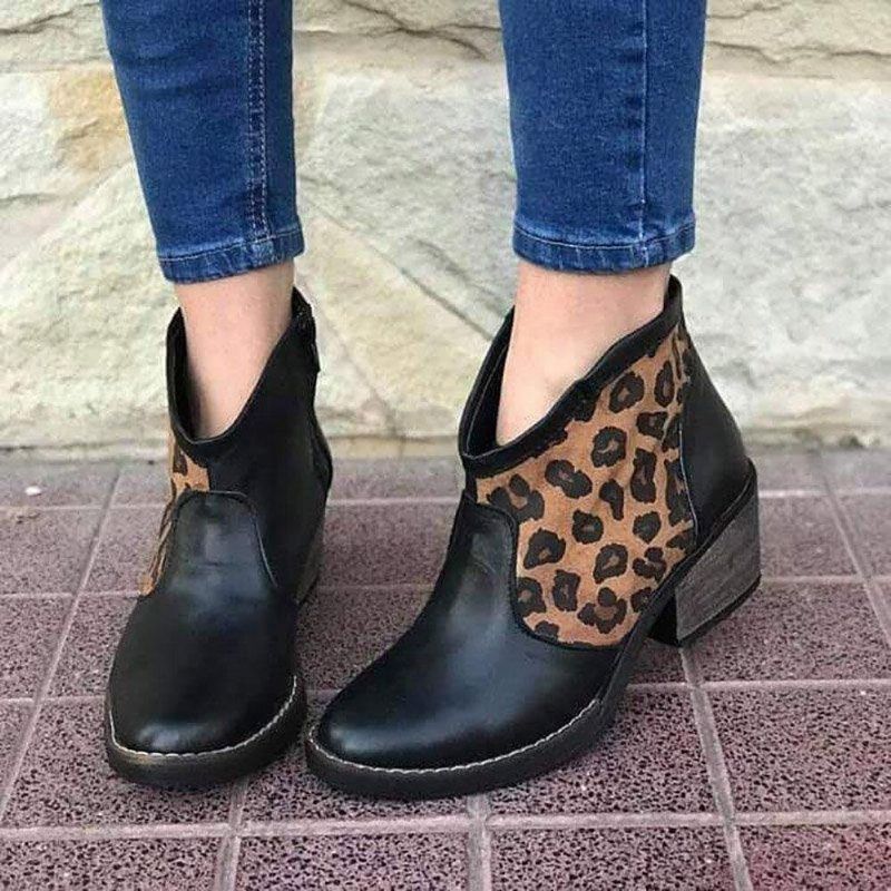 Bottines De Cow-boy À Talon Épais Avec Fermeture Éclair Latérale Léopard Décontractées Pour Femme