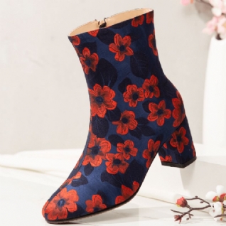 Élégantes Bottes Courtes À Talons Épais En Satin Imprimé Floral Confortable Avec Fermeture À Glissière Latérale