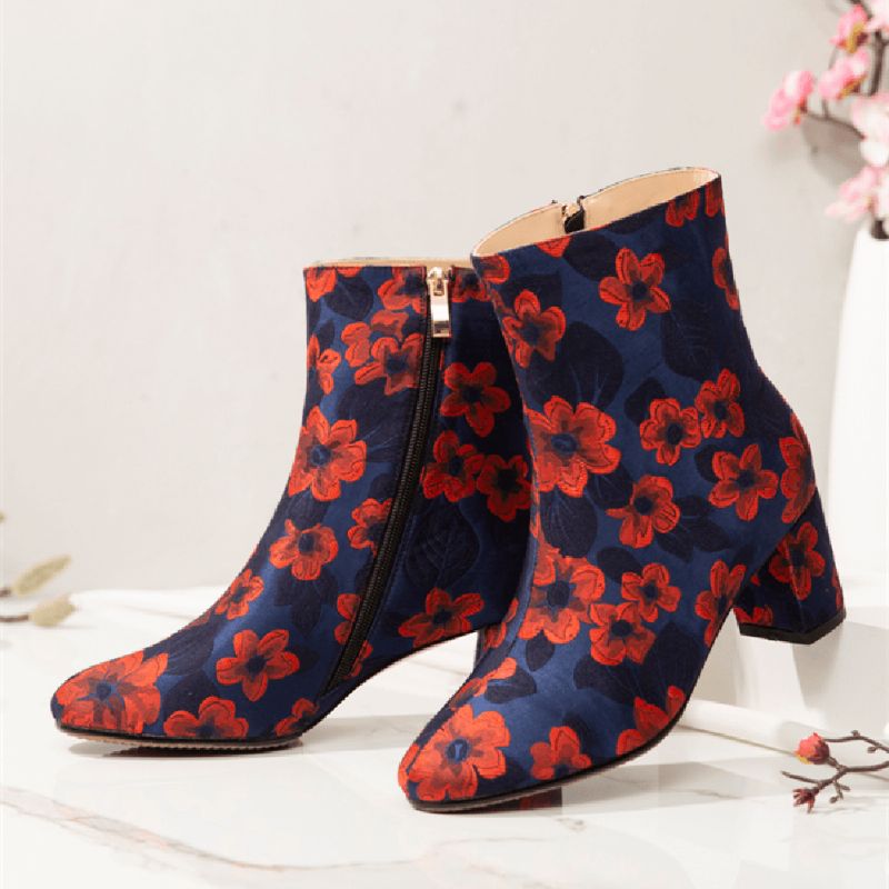 Élégantes Bottes Courtes À Talons Épais En Satin Imprimé Floral Confortable Avec Fermeture À Glissière Latérale