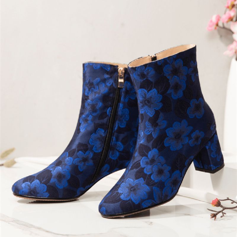 Élégantes Bottes Courtes À Talons Épais En Satin Imprimé Floral Confortable Avec Fermeture À Glissière Latérale