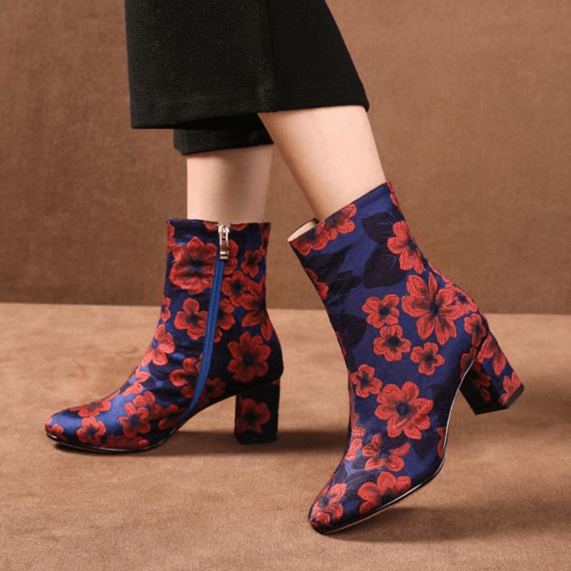 Élégantes Bottes Courtes À Talons Épais En Satin Imprimé Floral Confortable Avec Fermeture À Glissière Latérale