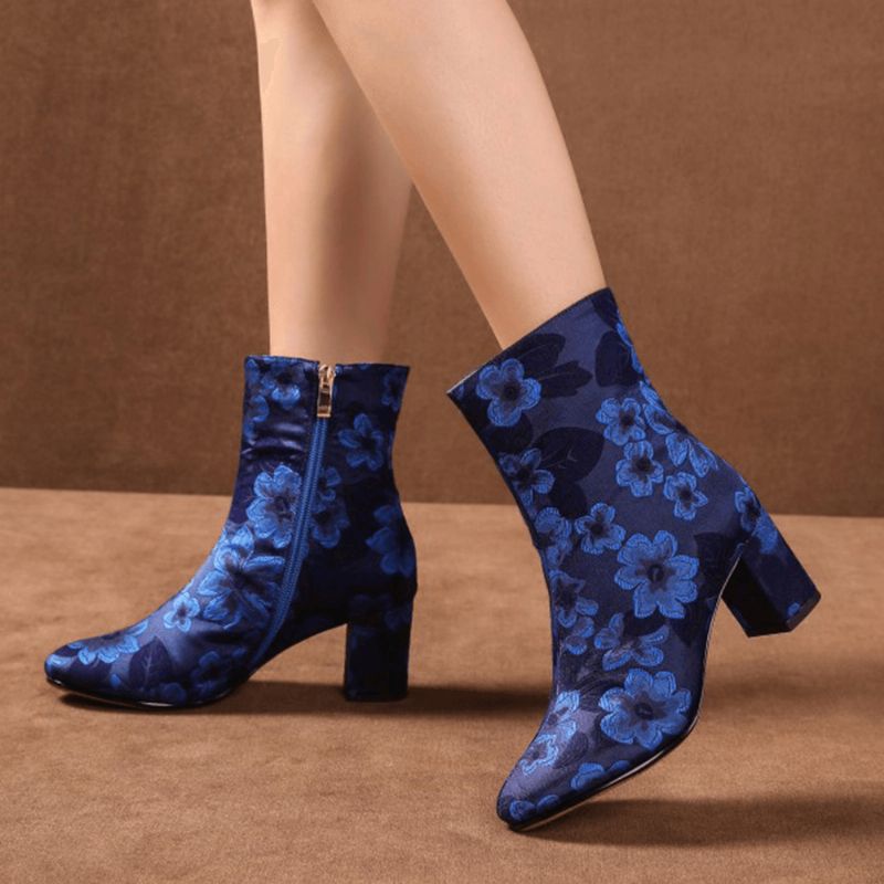 Élégantes Bottes Courtes À Talons Épais En Satin Imprimé Floral Confortable Avec Fermeture À Glissière Latérale