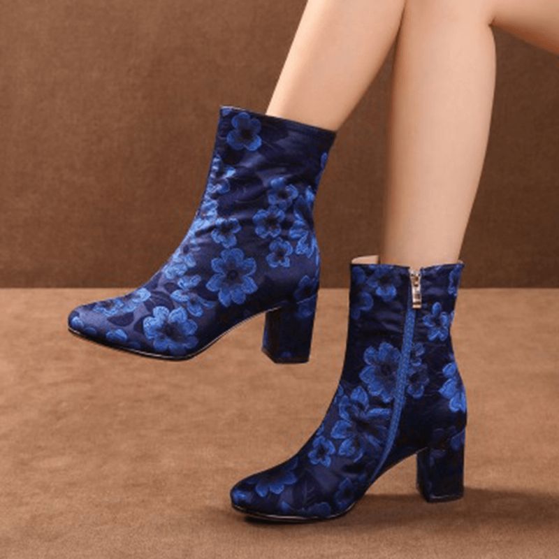 Élégantes Bottes Courtes À Talons Épais En Satin Imprimé Floral Confortable Avec Fermeture À Glissière Latérale